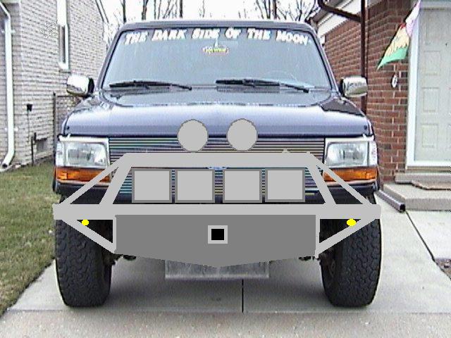 Dark blue Ford Bronco with custom bumper and lights, front view