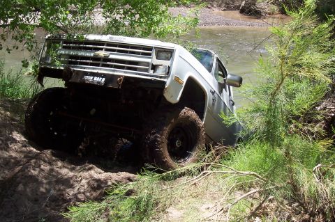 1981 Ford F-150 - A white 1985 Chevrolet pickup truck is stuck in the mud next to a river, with its front end angled towards the water.