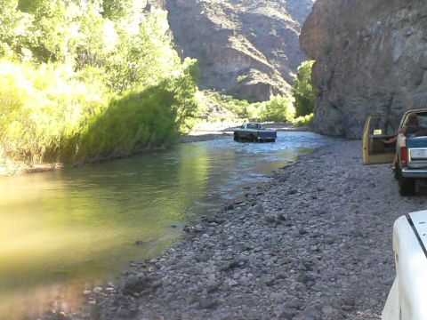 1981 Ford F-150 - Trucks navigate a shallow riverbed surrounded by rocky canyon walls and lush vegetation.