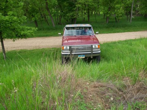 1988 Ford F-150 - A red pickup truck is parked on a dirt road surrounded by trees and tall grass.