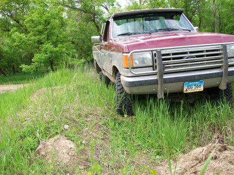 1988 Ford F-150 - This 1987 Ford F-150 is seen from a 3q-front angle, a prominent chrome grille guard and a visible license plate.