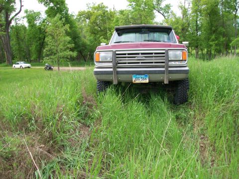 1988 Ford F-150 - A red pickup truck is parked in a grassy area with a white car and motorcycle in the distance.