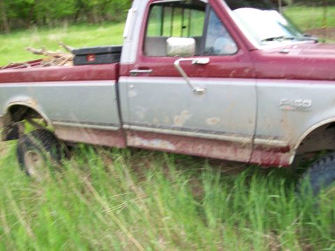 1988 Ford F-150 - This 1988 Ford F-150 pickup truck is seen from the side, parked in a grassy area.