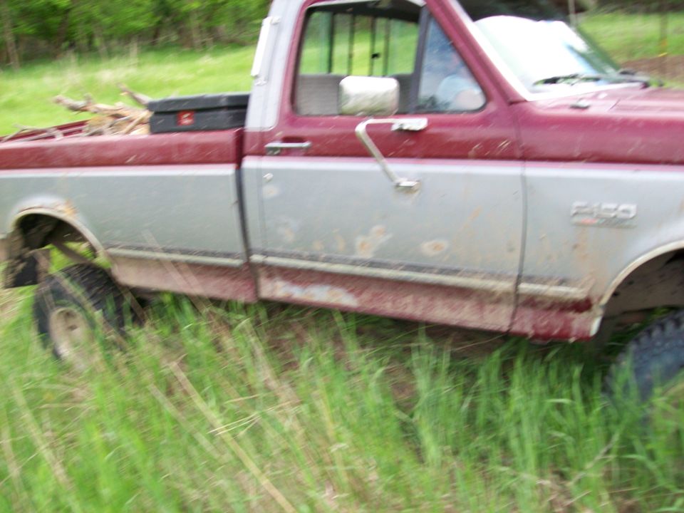 1988 Ford F-150 pickup truck side view, parked in tall grass