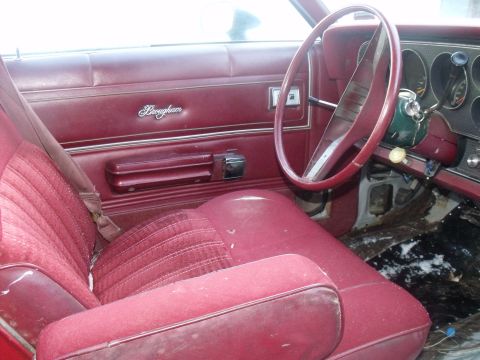 1979 Ford Ranchero - The interior of a car shows red velour seats and a door panel with a script emblem. The dashboard and steering wheel are also visible.
