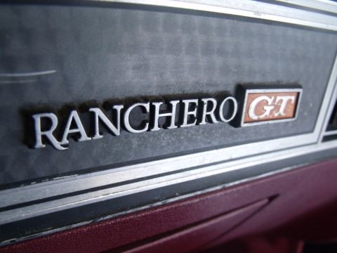 1979 Ford Ranchero - Close-up of the Ranchero GT emblem, confirming the vehicle's model and trim.