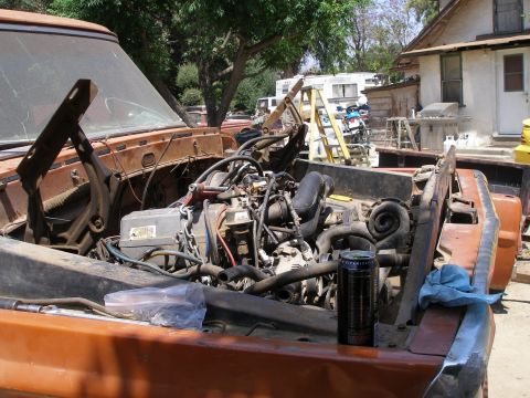 1969 Ford F-250 - The engine bay of an orange truck is shown with its hood open, revealing the engine and various parts.