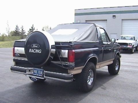 1995 Ford Bronco - Rear view of a dark blue 1995 Ford Bronco with a soft top and spare tire carrier.