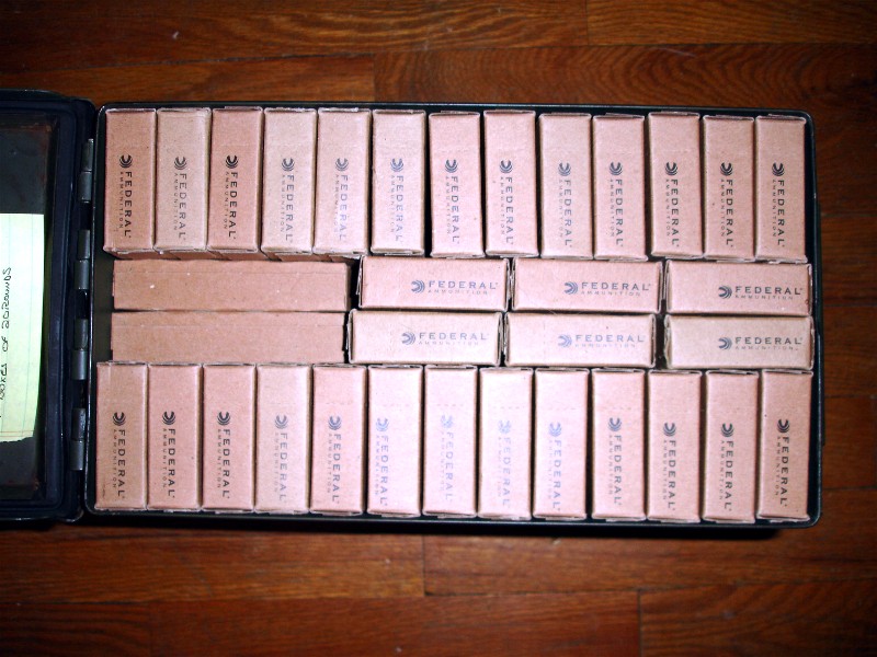 Ammunition boxes labeled FEDERAL AMMUNITION arranged in a case