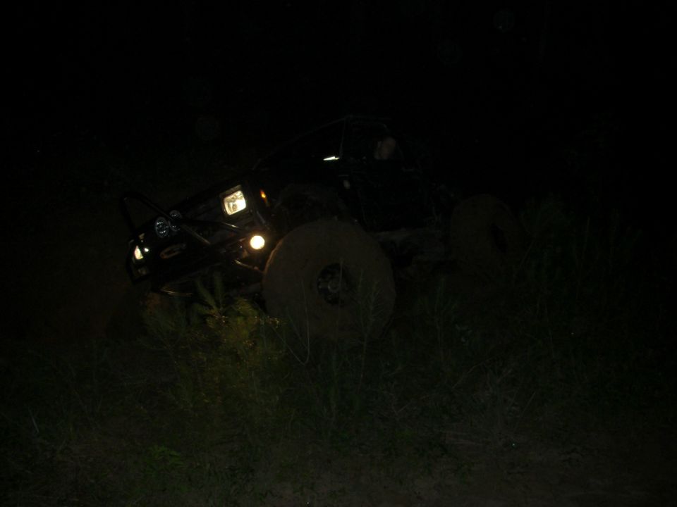 Black SUV with headlights on, angled from the front-right, in tall grass at night