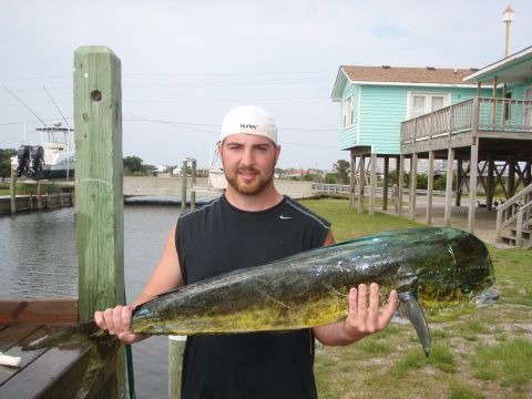 1995 Ford Bronco - A man proudly displays a large dolphin fish he caught, with a coastal house and boats visible.