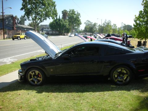 1992 Ford Crown Victoria - Black Ford Mustang at a car show, hood is open showing the engine bay.