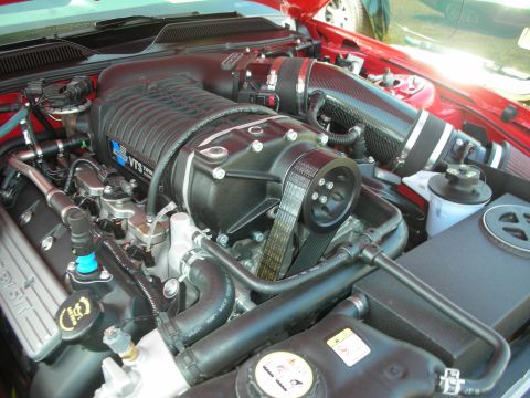 1992 Ford Crown Victoria - Close-up view of a supercharged VTS engine, carbon fiber intake tubes and a prominent supercharger.