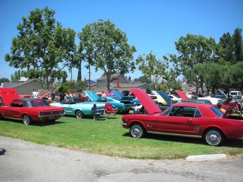 1992 Ford Crown Victoria - A red 1966 Ford Mustang coupe is displayed at the Valley Mustang Show '10, alongside other classic vehicles.