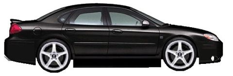 1999 Ford Taurus - Side profile of a black sedan with aftermarket wheels and a spoiler.