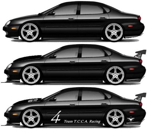 1999 Ford Taurus - Three black sedans are shown side-by-side, each with custom wheels. The top car is stock, the middle has a spoiler, and the bottom has a sp…