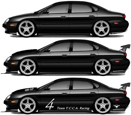 Side view of three black sedans with custom wheels; one has a spoiler and racing decals