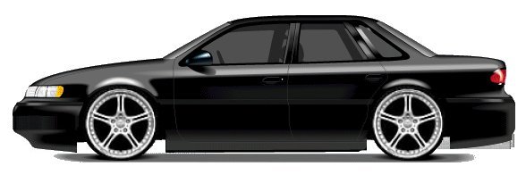 1999 Ford Taurus side profile, black paint, custom five-spoke wheels