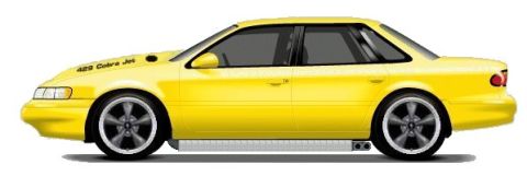 1999 Ford Taurus - A yellow sedan is shown from the side with custom racing modifications and text on the hood.