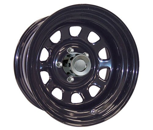 Black steel wheel with a chrome center cap and lug nuts