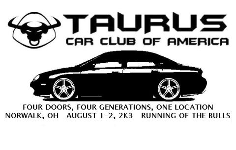 1999 Ford Taurus - Taurus Car Club of America event logo graphic with a bull head and car silhouette, not a technical document.