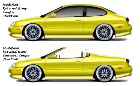 1999 Ford Taurus - Two modified yellow vehicles, a coupe and a convertible, are shown side-by-side with custom wheels and body kits.