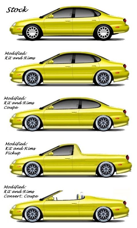 1999 Ford Taurus - Styling rendering illustrating one sedan in stock form and four modified body-kit/rim variants including a pickup and convertible.