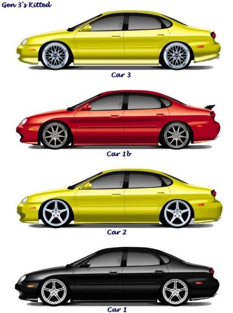 1999 Ford Taurus - Styling rendering comparing four body-kitted sedan variants in yellow, red and black labeled as different cars.