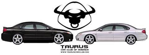 1999 Ford Taurus - Two Ford Taurus sedans are displayed with club branding and a website address.