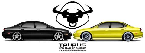 1999 Ford Taurus - Two 1999 Ford Taurus sedans, one black and one yellow, are displayed side-by-side with custom wheels and a Taurus Car Club of America logo.