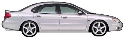 1999 Ford Taurus - Side profile of a silver sedan with a spoiler and custom wheels.