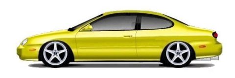 1999 Ford Taurus - A yellow 1999 Ford Taurus coupe is depicted from a side profile against a white background.