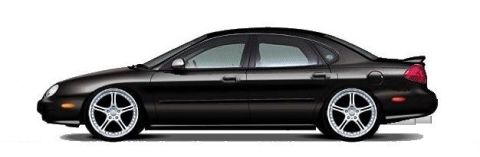 1999 Ford Taurus - Side profile of a black 1999 Ford Taurus sedan with aftermarket rims.