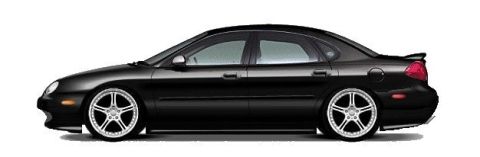 1999 Ford Taurus - This black sedan features a profile and aftermarket wheels.