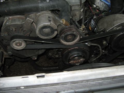 1985 Ford Mustang - Close-up view of an engine bay, showing various mechanical components and wiring.