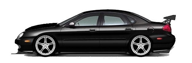 Black sedan side-profile rendering, lowered with custom wheels and rear spoiler