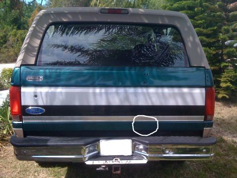 1996 Ford Bronco - Rear view of a 1996 Ford Bronco, its distinctive two-tone paint job.
