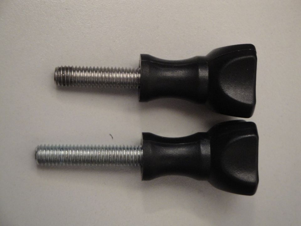 Two black plastic thumb screws with threaded metal shafts