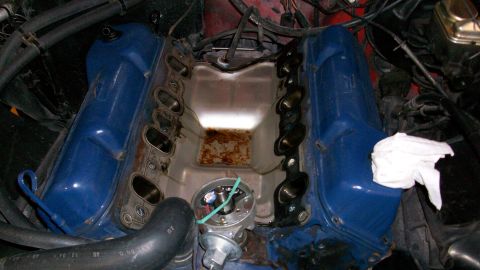 1973 Ford Ranchero - Close-up view of an engine's internal components with the intake manifold removed.