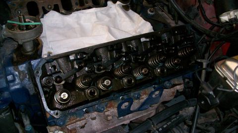 1973 Ford Ranchero - Close-up view of an engine's internal components, including the valve train and distributor.