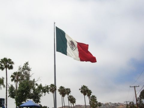 1986 Ford Bronco - A large Mexican flag flies against a cloudy sky, with palm trees in the foreground.
