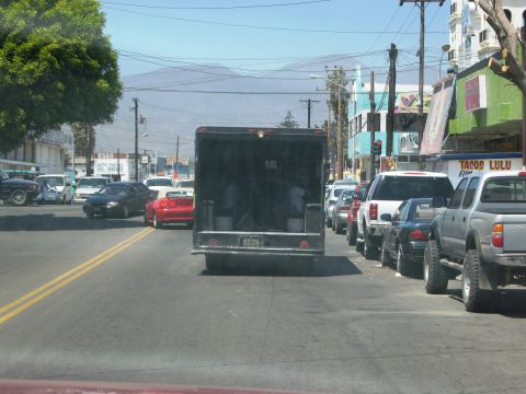 1986 Ford Bronco - A line of vehicles are stopped in traffic on a sunny day in a town.