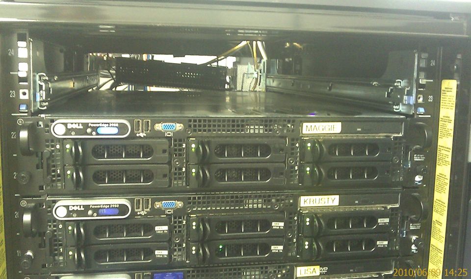 Server rack with multiple Dell PowerEdge servers stacked. Labels on servers read 'MAGGIE' and 'KRISTY'
