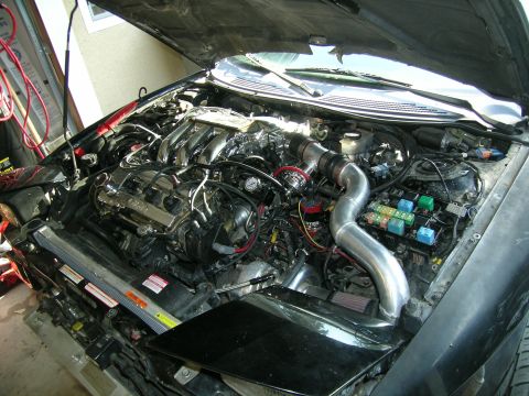 1995 Ford Probe - Customized engine bay features polished intake and turbocharger components, with a visible fuse box.