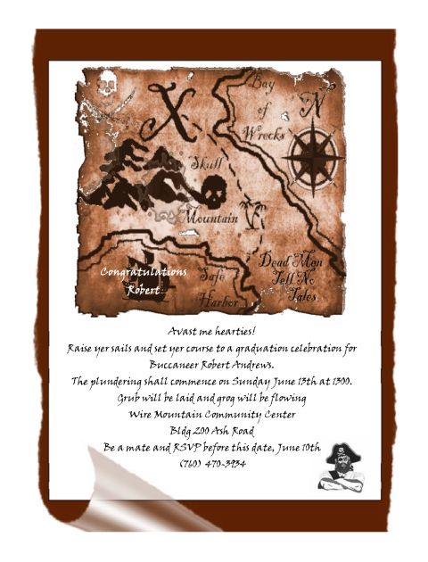 1986 Ford Bronco - An invitation styled as a pirate map details a graduation celebration for Buccaneer Robert Andrews, including date, time, and location.