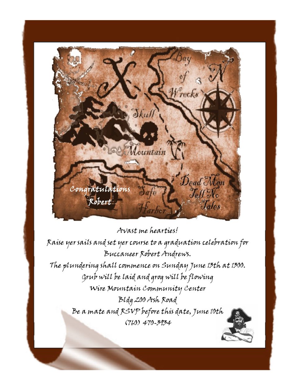 Pirate map themed invitation for Robert Andrews' graduation celebration