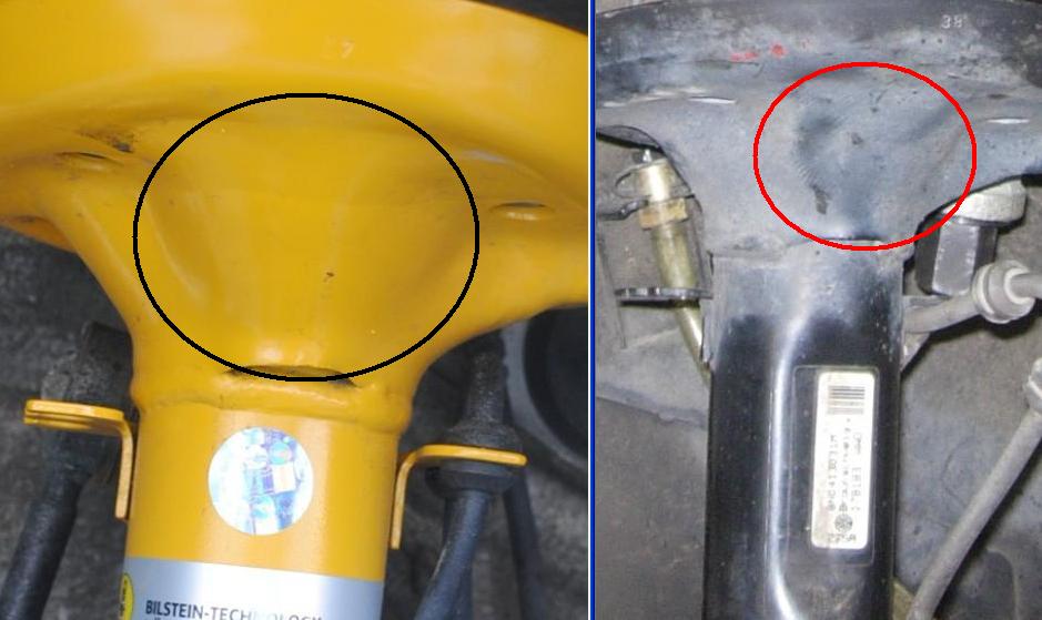Two struts compared: yellow Bilstein (left) and black OEM (right) with circled dent areas.