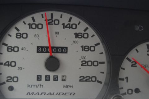 1985 Mercury Grand Marquis - Speedometer reads 110 mph with 300,000 miles on the odometer. The word Marauder is visible.