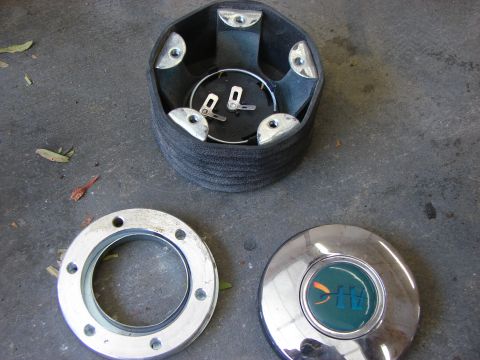 1978 Ford Bronco - Steering wheel hub and horn button assembly, likely for an aftermarket setup.