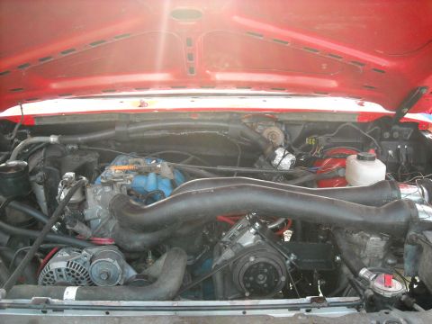 1985 Ford Bronco - The engine bay of a 1985 Ford Bronco, showing the engine and associated components.